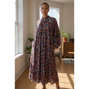 Aura Colorful Long Sleeve Maxi Dress High Neck Tie Bow Back SZ S MOD GOGO BOHO